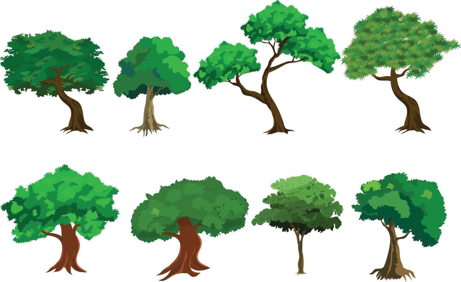 Cartoon Green Tree Set with 8 Leafy Tree Designs for Animation Backgrounds, Jungle or Village Game Assets, Nature Explainer Videos, Forest Landscaping, and Educational Illustration Projects vector