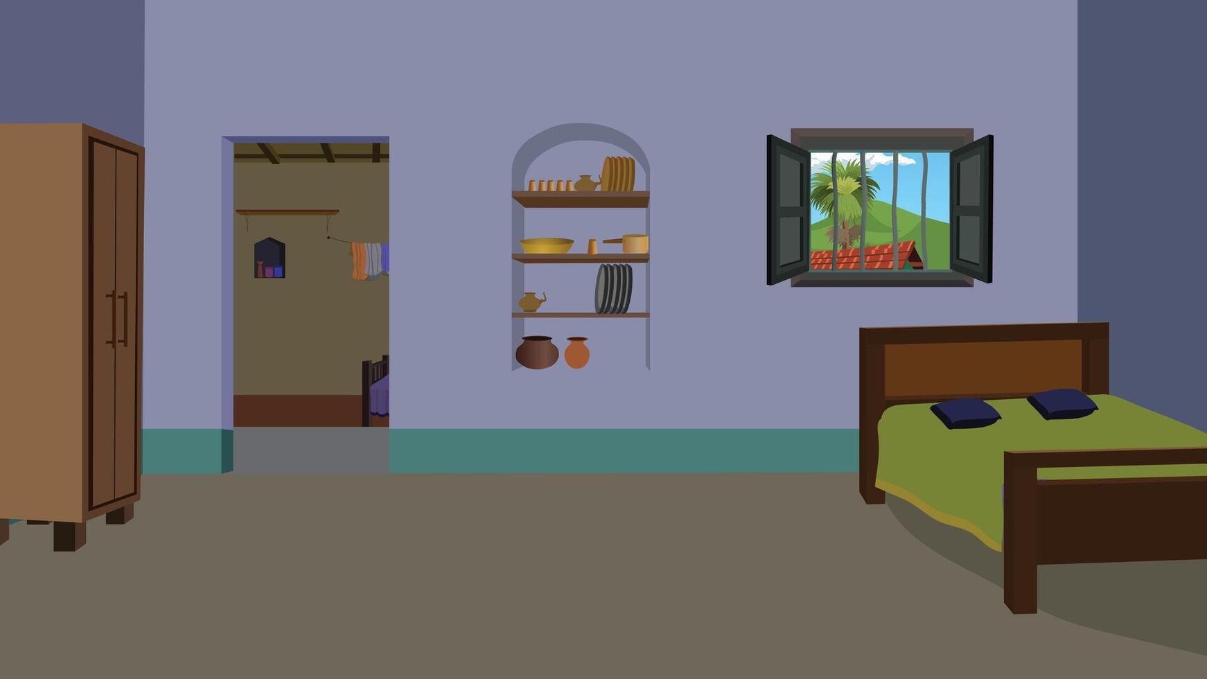 Cozy room with bed and window view vector