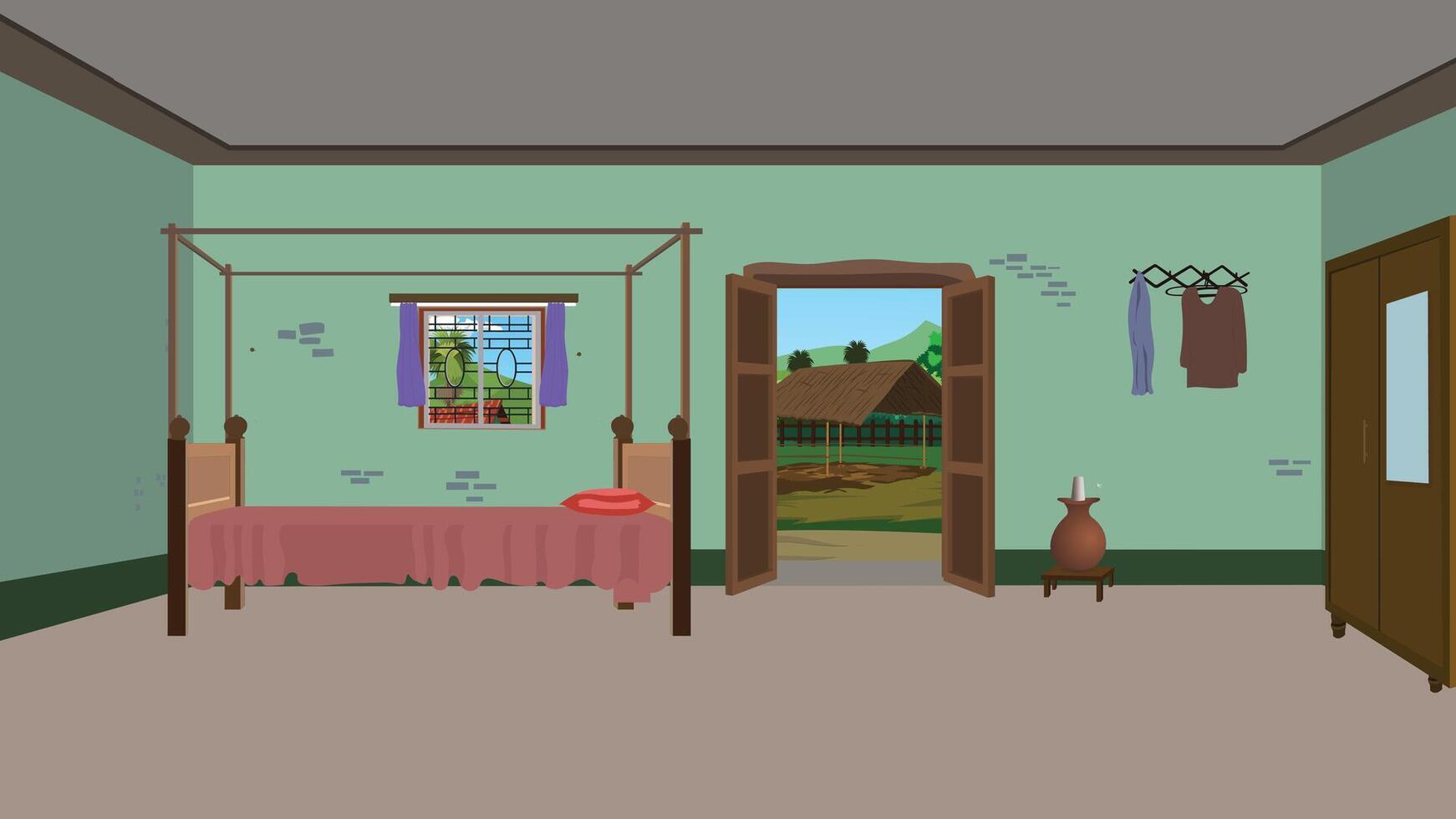 Cozy rural room with scenic window view vector