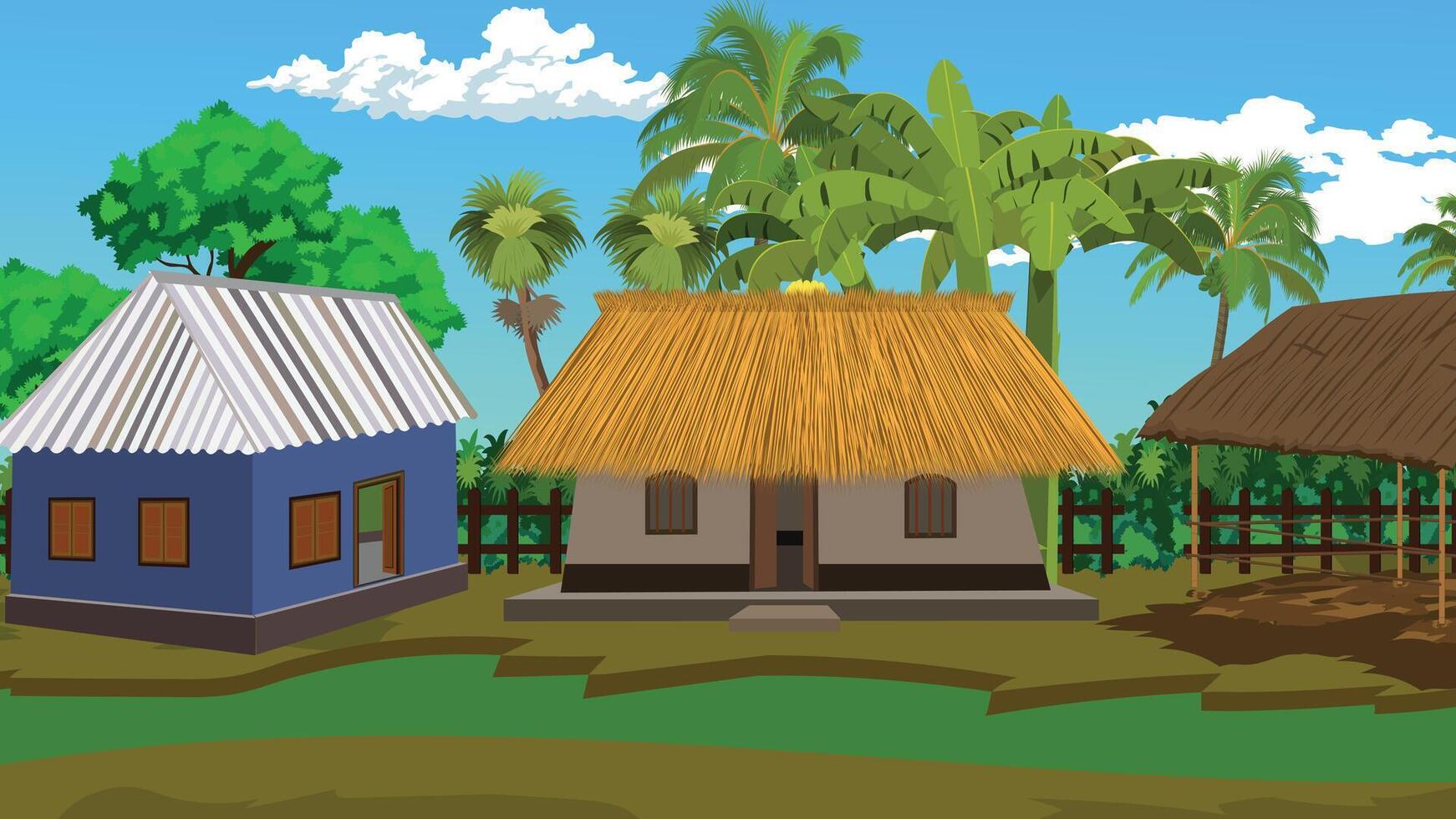 tropical village with thatched roofs vector