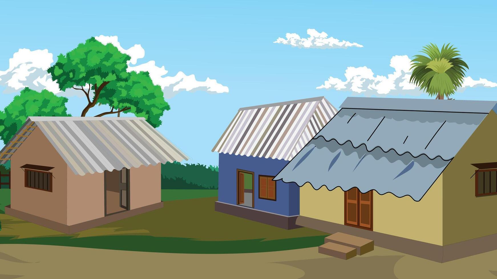 three colorful rural houses with roofs vector