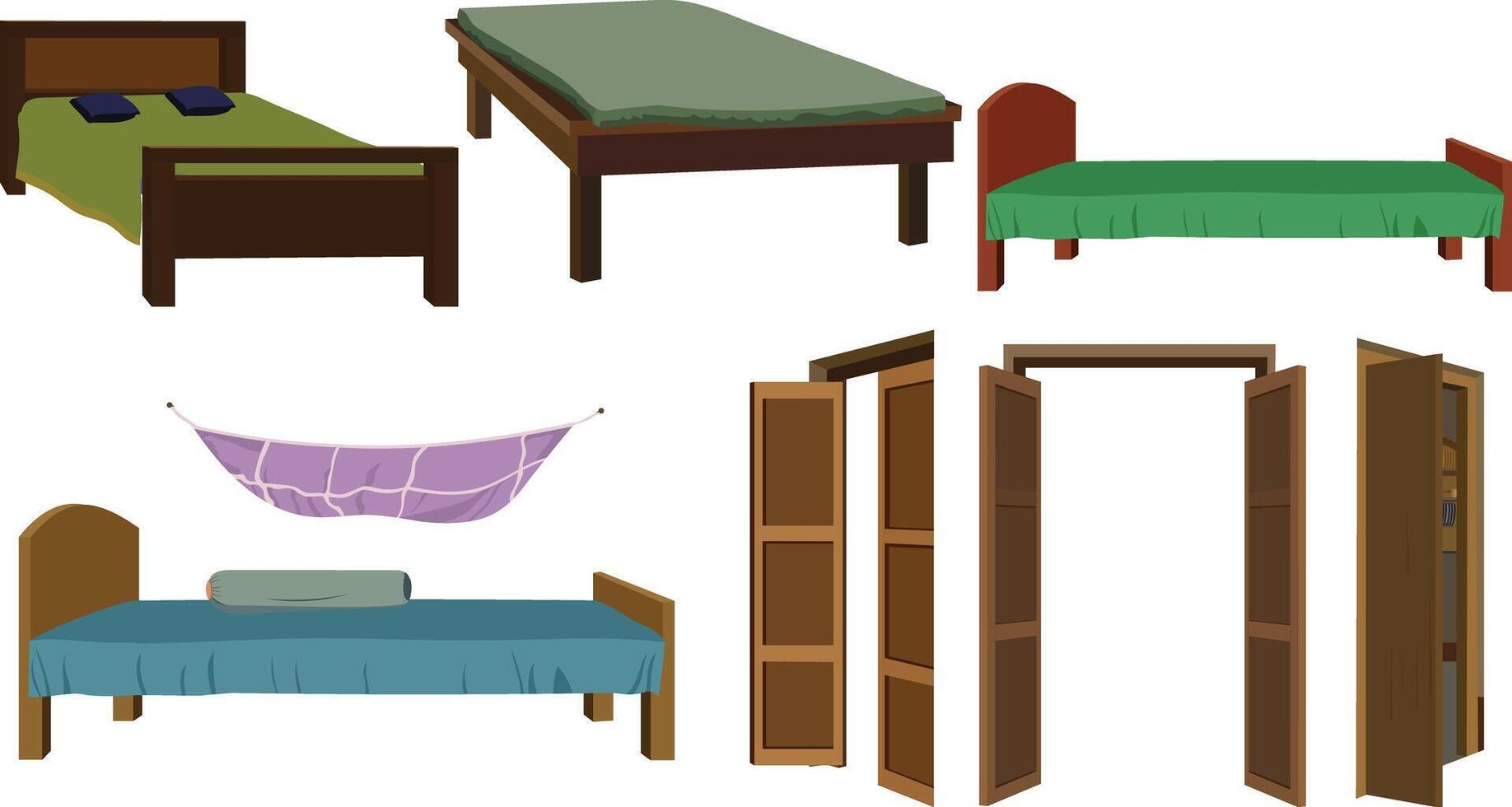 furniture set isolated on white.Set of Bedroom Furniture.Beds, and Wooden doors Illustrations vector