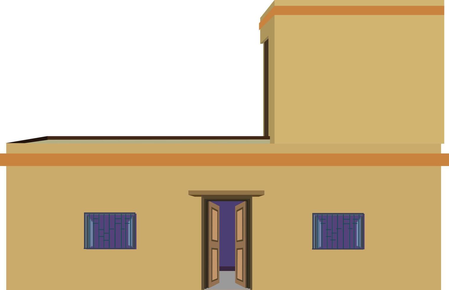 Illustration of a yellow rural house with two grilled windows, open wooden door, and rooftop structure. front view for architecture, housing, or real estate design projects vector