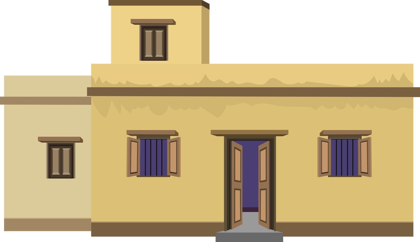 Illustration of traditional yellow rural house with brown windows and open door.village home exterior front elevation for real estate, architecture, and housing design projects vector