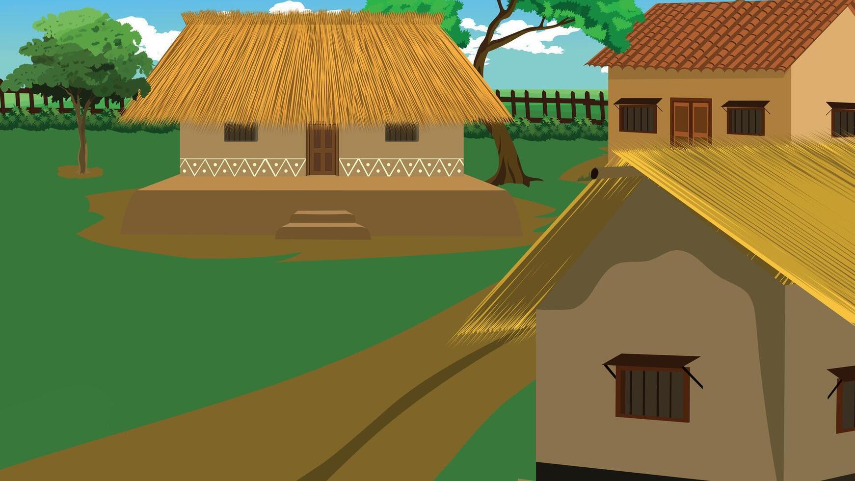 Traditional village with thatched houses vector