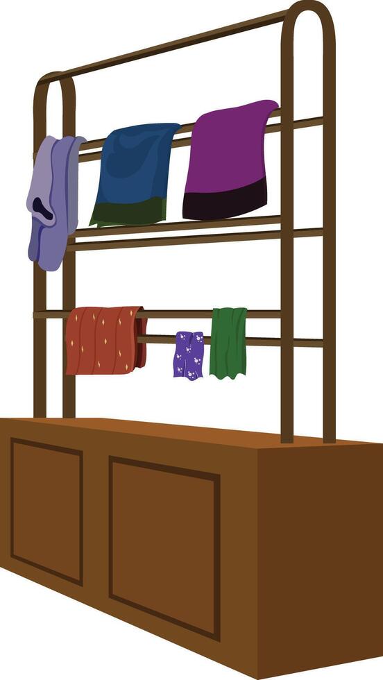 Clothes rack with clothes on it. Illustration of Wooden Cloth Drying Rack with Colorful Laundry.Indoor Garment Hanger Furniture Isolated on White Background vector