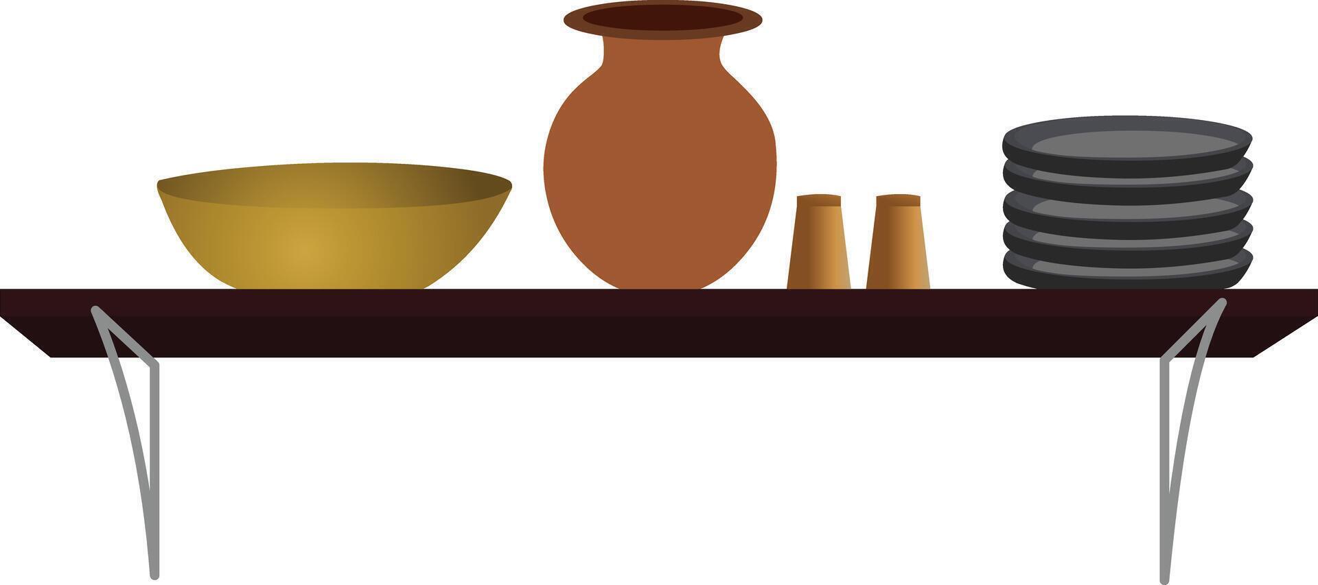 A wooden shelf with a vase, a bowl and a pot.Kitchen utensils vector