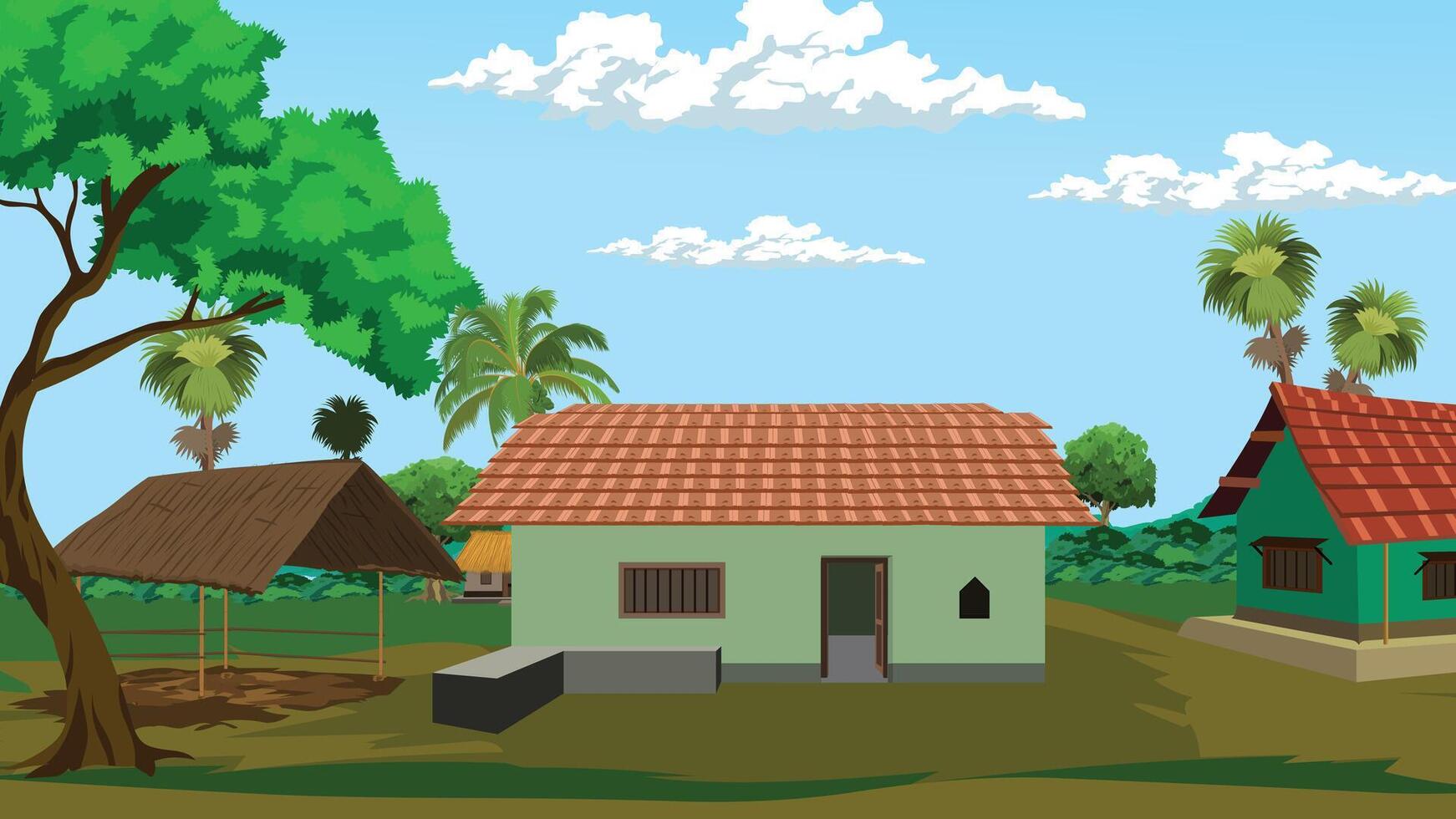 Rural landscape with traditional houses and trees vector