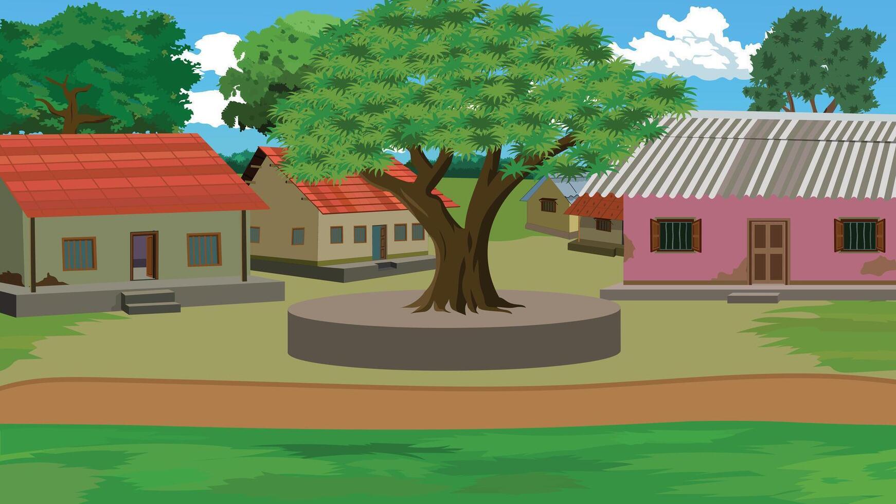 Village with houses and large tree vector