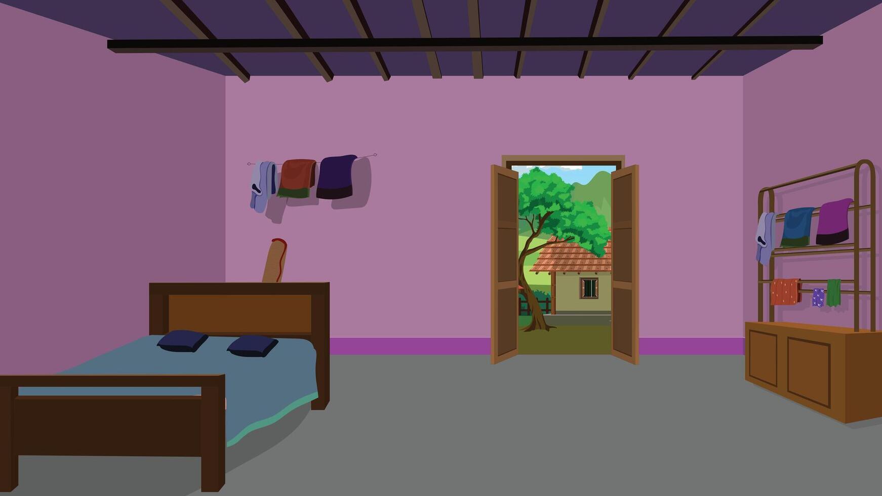 Cozy bedroom with open door vector