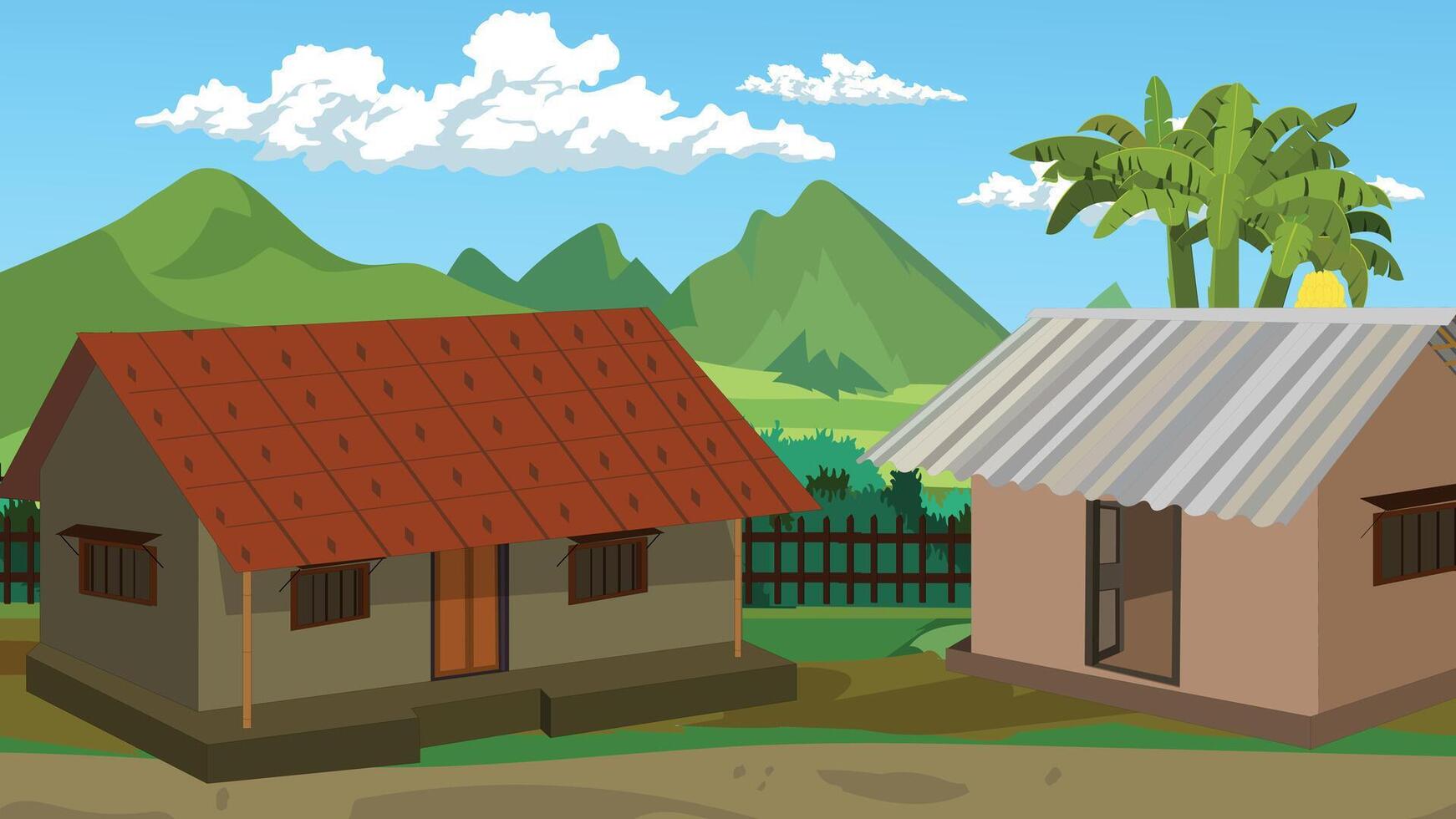 Rural houses and mountains in the background vector