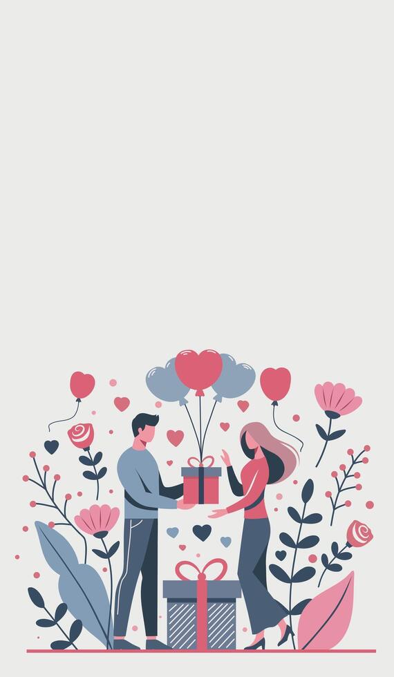 couple exchanging gifts with hearts and flowers vector