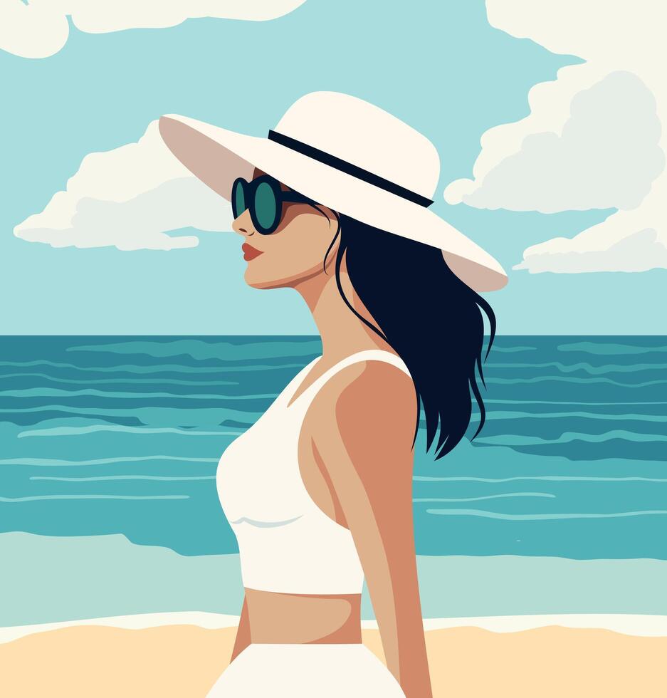 Woman with hat and sunglasses at beach vector
