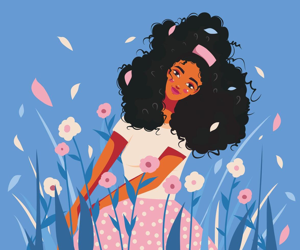 Woman with curly hair in a flower field vector