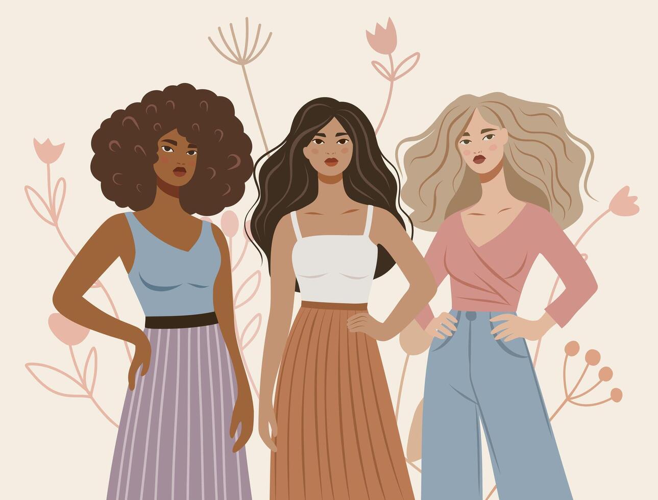 Three women standing together in flowers vector