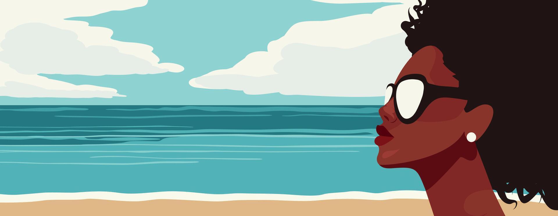 Profile of woman with sunglasses at beach vector
