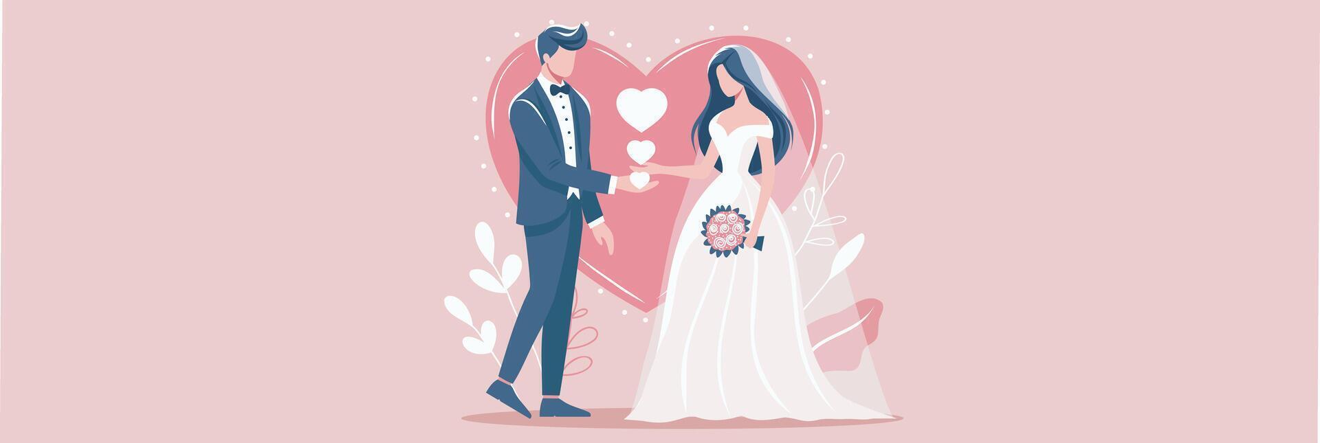 Bride and groom illustration with hearts vector