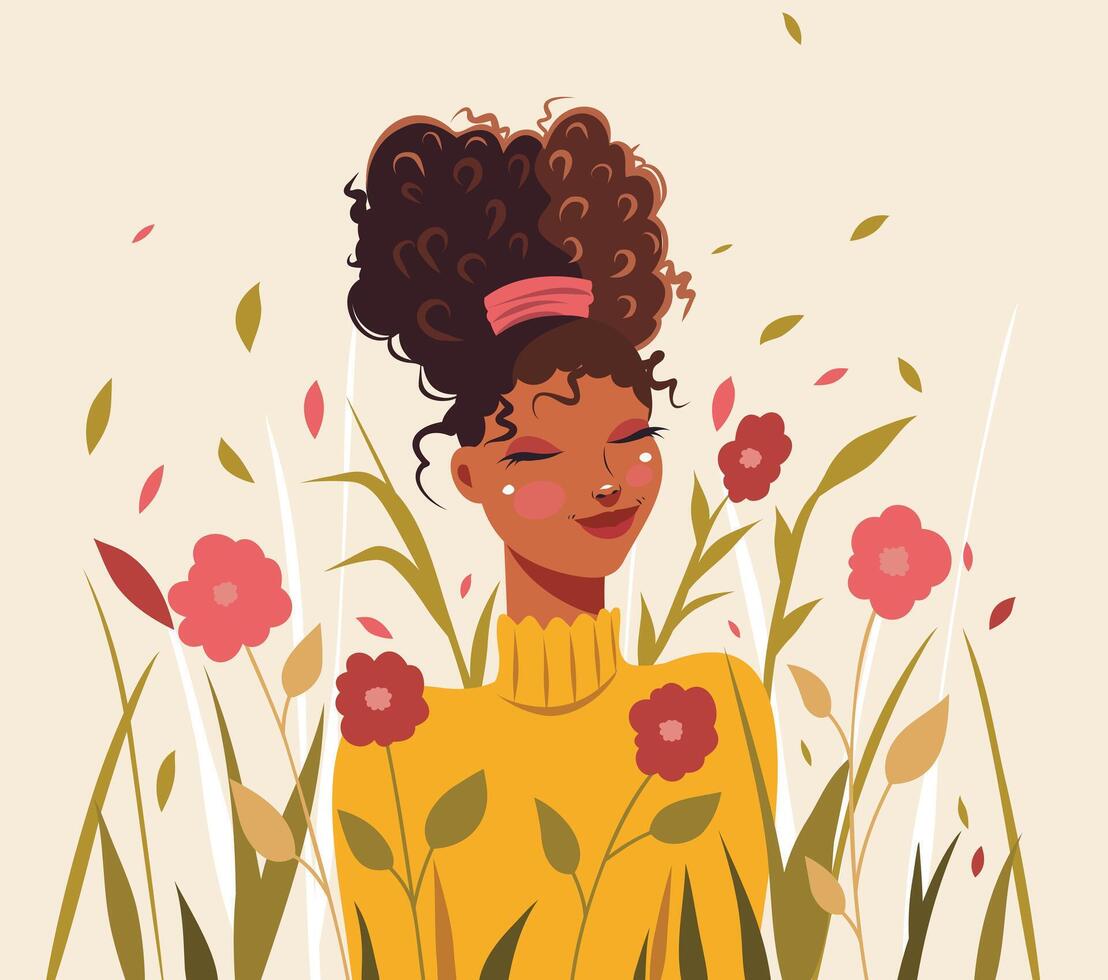 Woman with curly hair and flowers vector