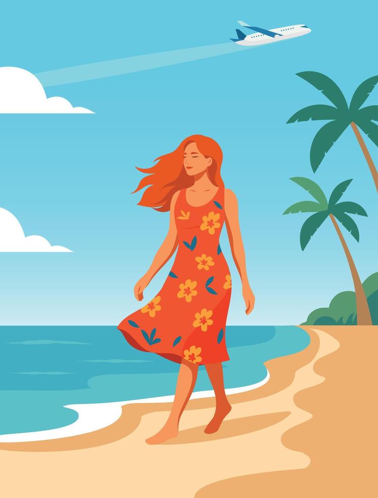 Woman walking on beach vector