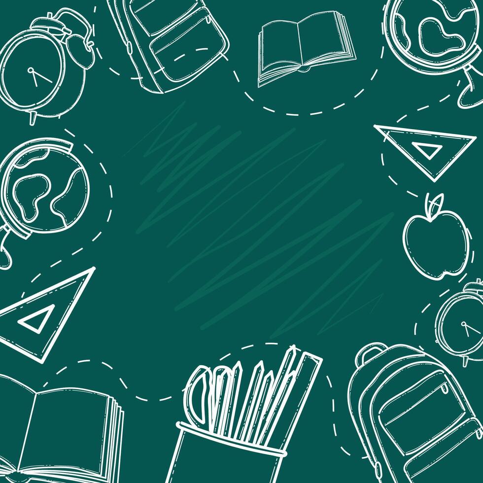 Educational themed chalkboard image featuring sketched school supplies like books and globes. Ideal for back to school themes, educational and creative projects highlighting learning and school vector
