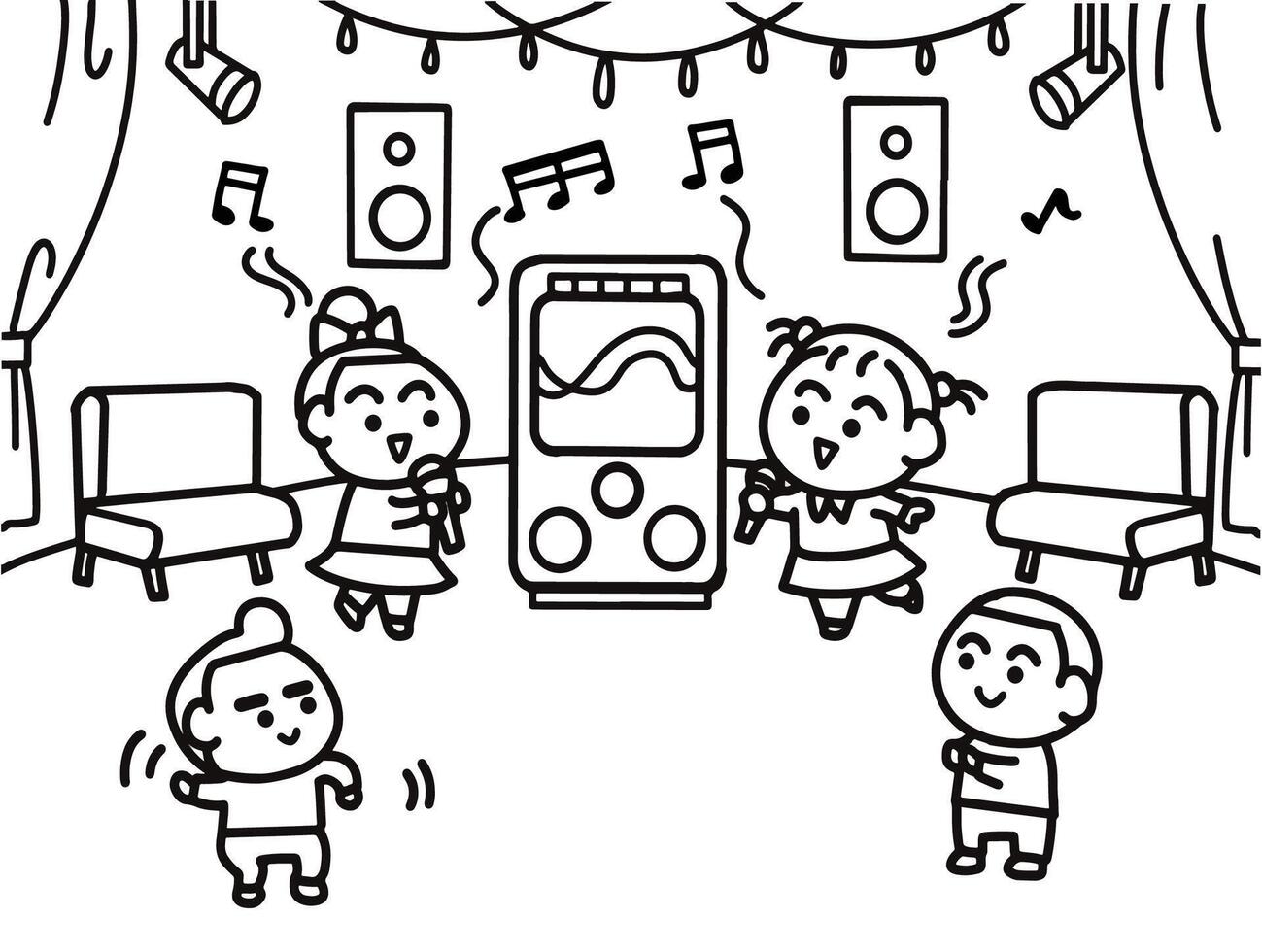 Children are singing karaoke together coloring pages style. vector