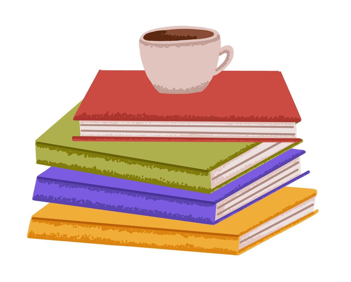 Cozy illustration book stack with cup of tea, coffee. Literature for reading, home library in simple flat style vector