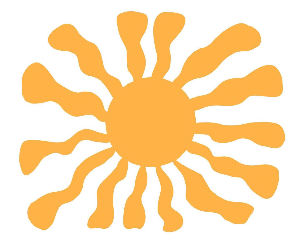 Summer sun burst with wavy ray in retro groovy style. Radial sunshine in yellow color vector