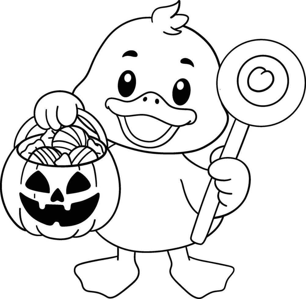 halloween duck holding pumpkin treat bucket in cute outline coloring page design vector
