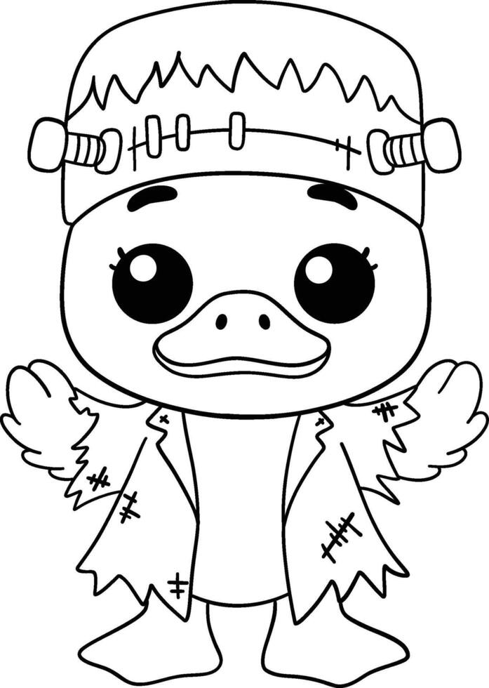 halloween little duck dressed as frankenstein with bolt headband in outline cartoon style vector