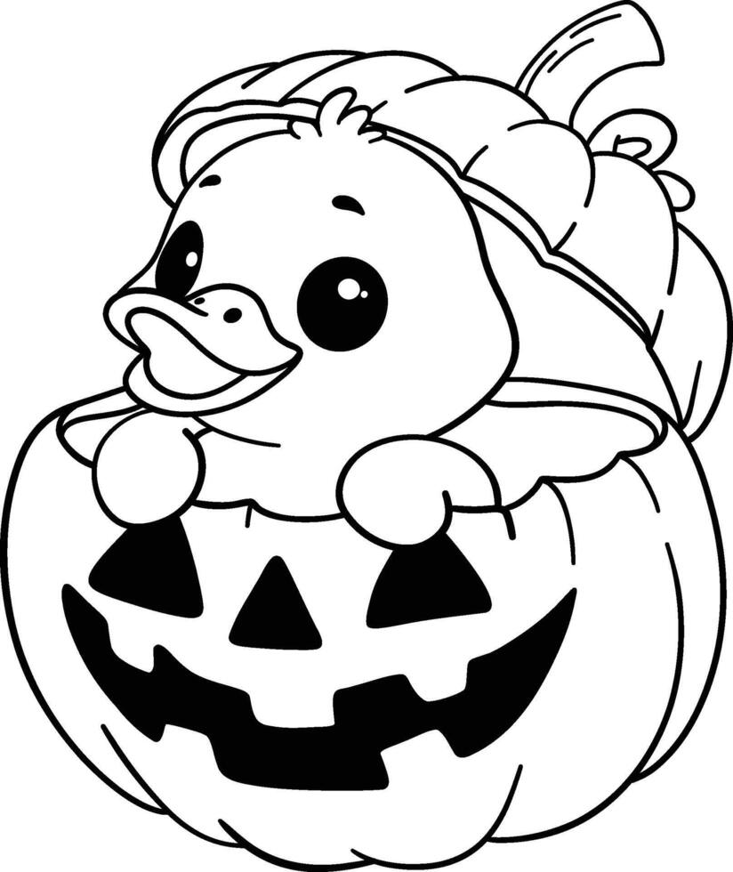 halloween duckling in pumpkin popping out in kid friendly outline coloring page vector
