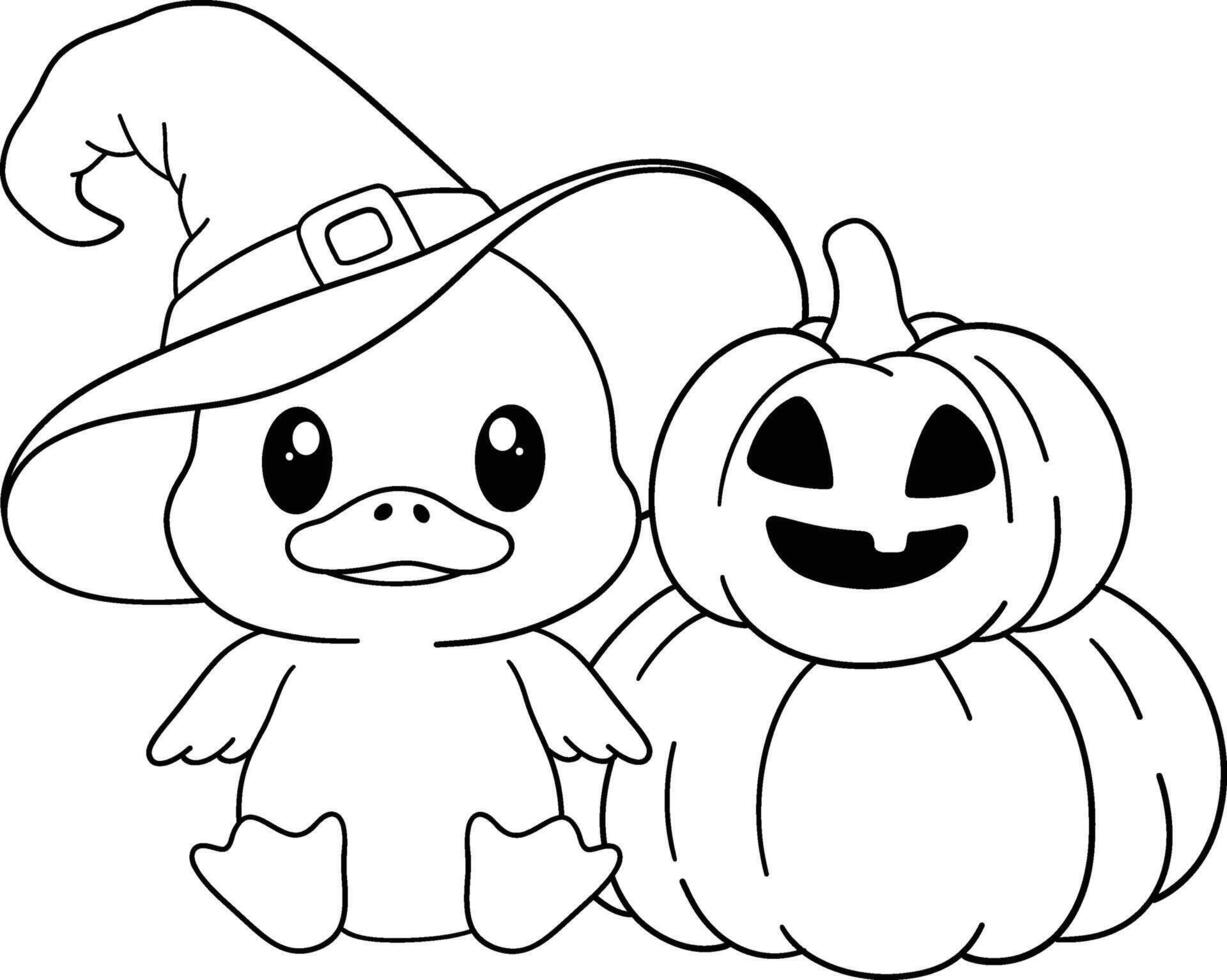 halloween little duck wearing a witch hat sitting next to a stack of pumpkins in outline cartoon style vector
