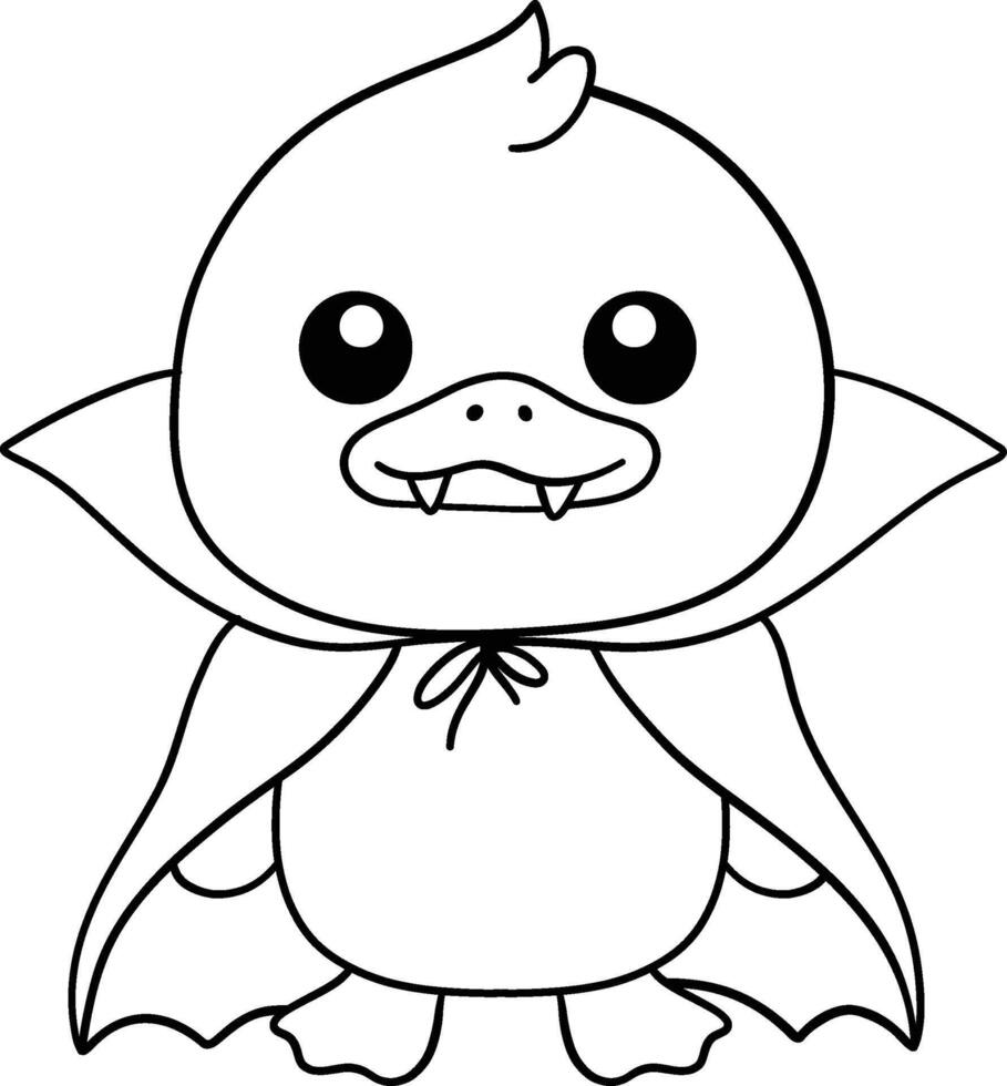 halloween duck dressed as vampire with cape in black and white line art vector