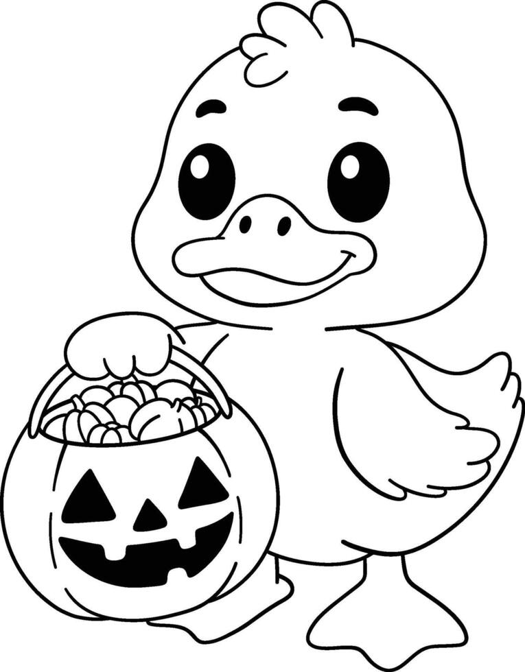 halloween duck with candy bucket in kid friendly black and white line art vector