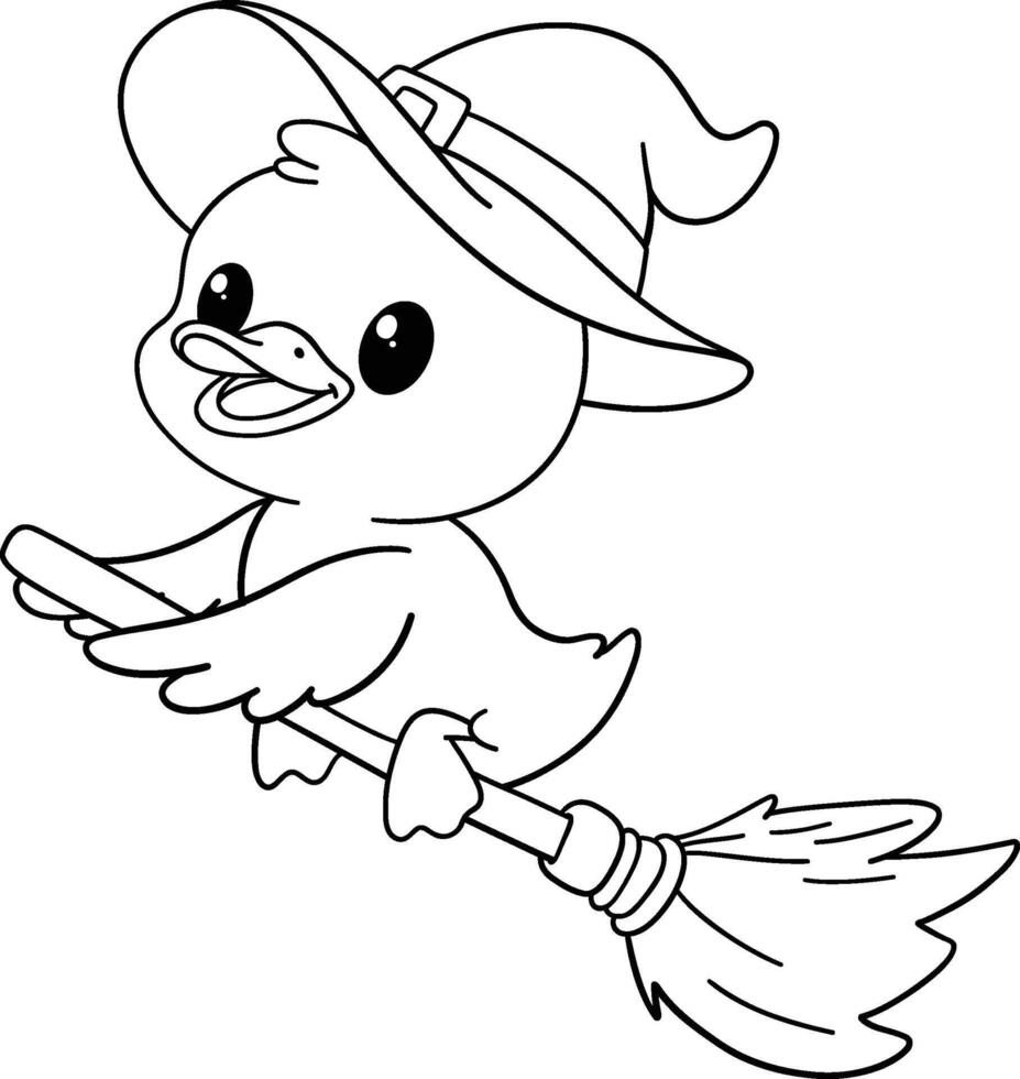 halloween cartoon duck riding a broomstick in cute black and white line art vector