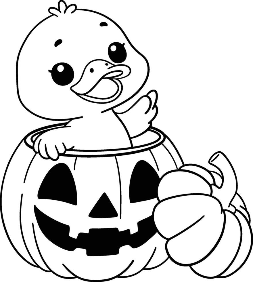 halloween cartoon duckling inside jack o lantern in cute black and white line art vector