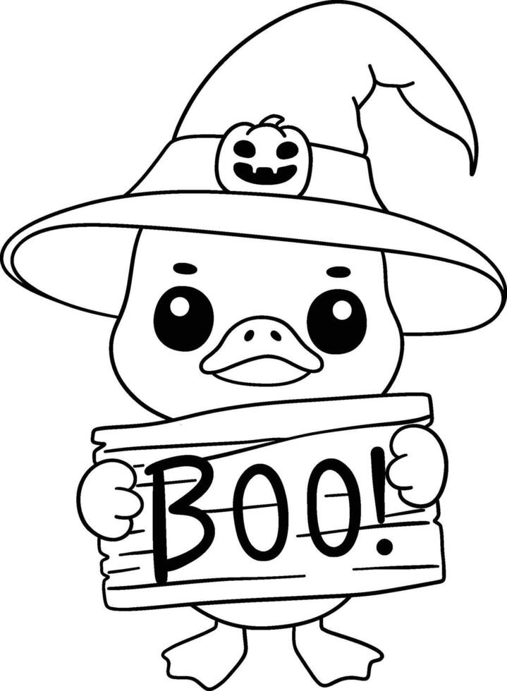 halloween cartoon duck with witch hat and boo sign in cute black and white coloring page vector