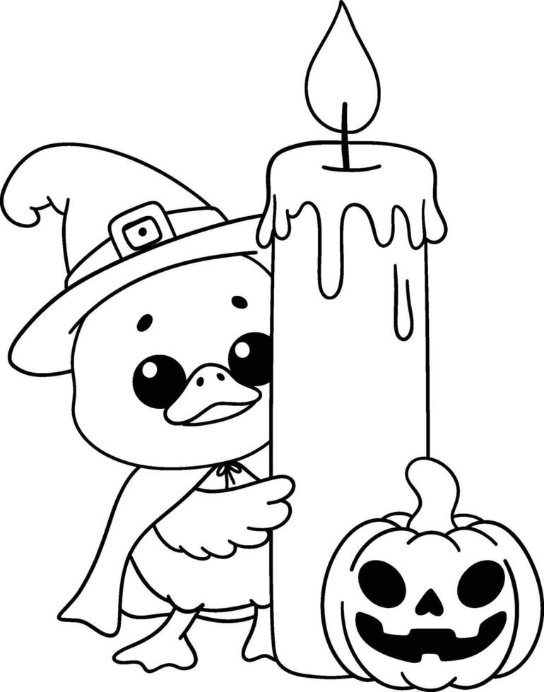 halloween little duck hiding behind a tall candle in outline cartoon coloring style vector