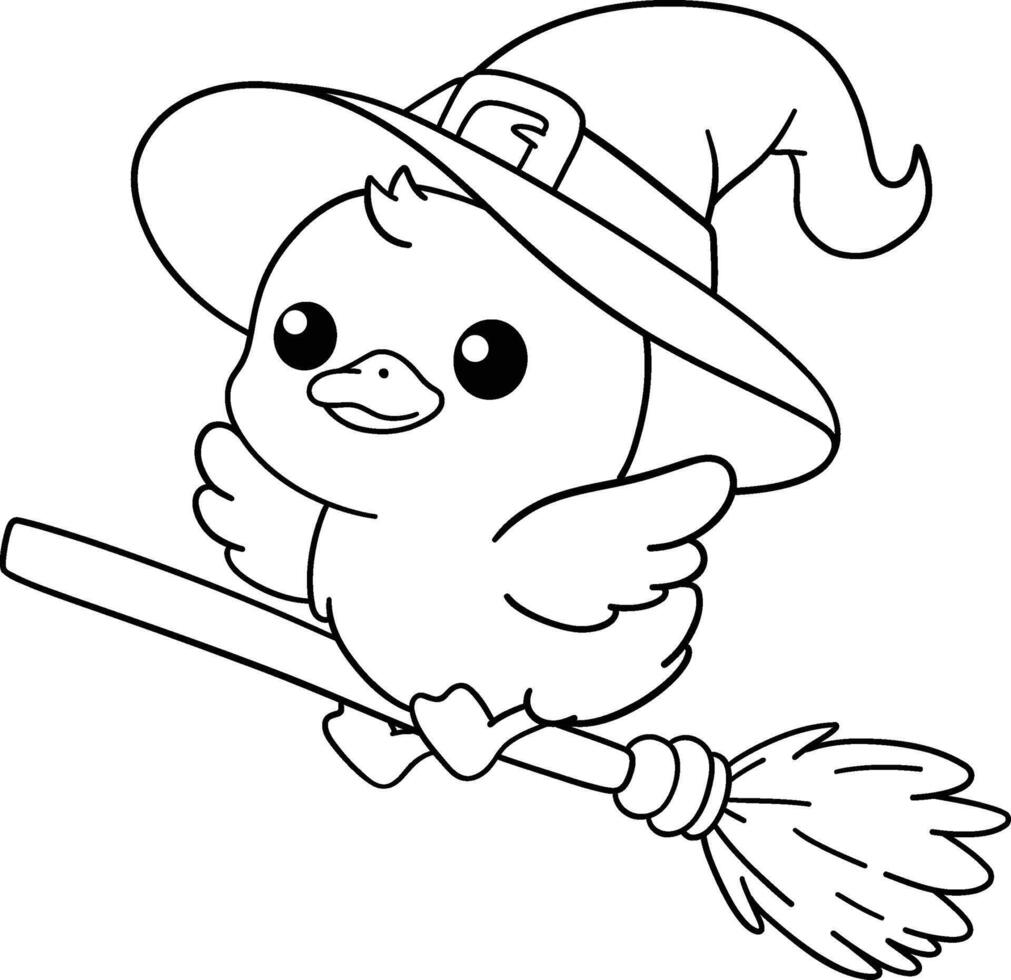 halloween duck flying on broom in kid friendly outline coloring page style vector