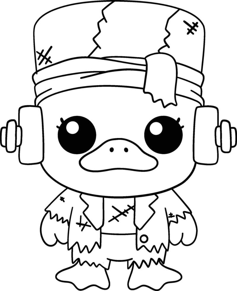 halloween cartoon duck in frankenstein costume with bolts in black and white coloring page vector