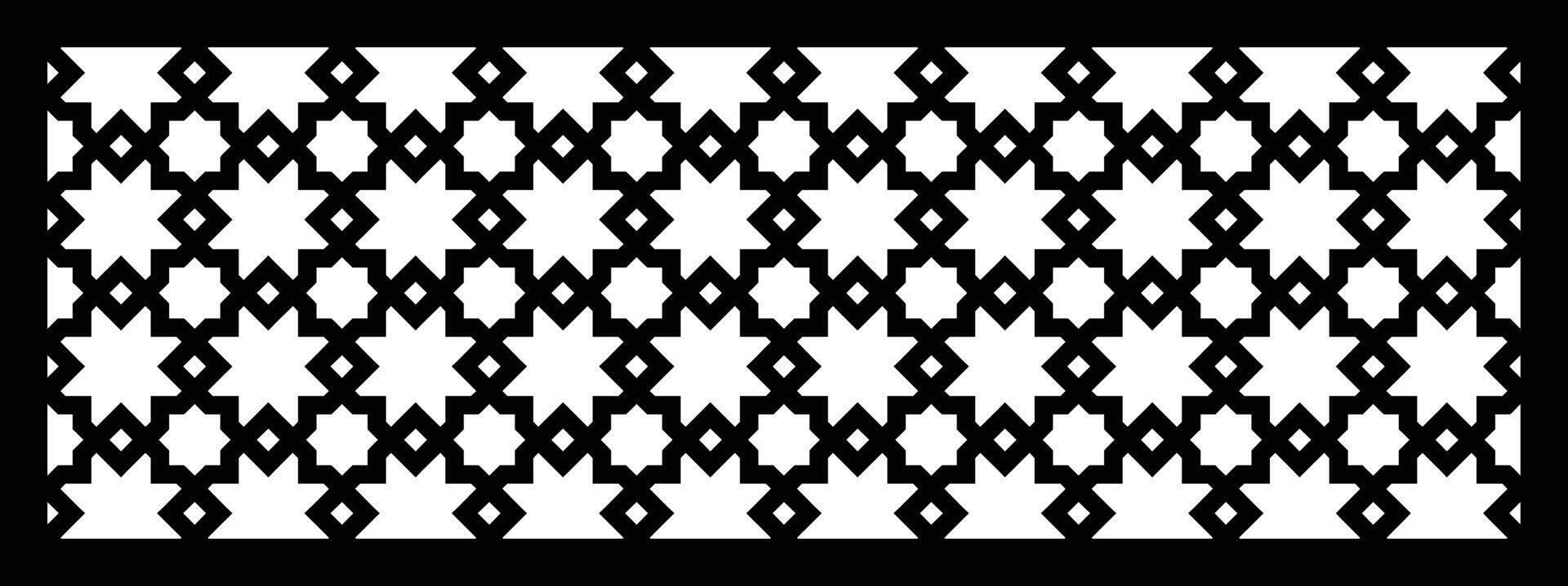 Arabic geometric pattern. Islamic ornament mashrabiya panel. Wall screen. Islamic window frame. Cnc router grill isolated on white background. Black template for laser cutting vector