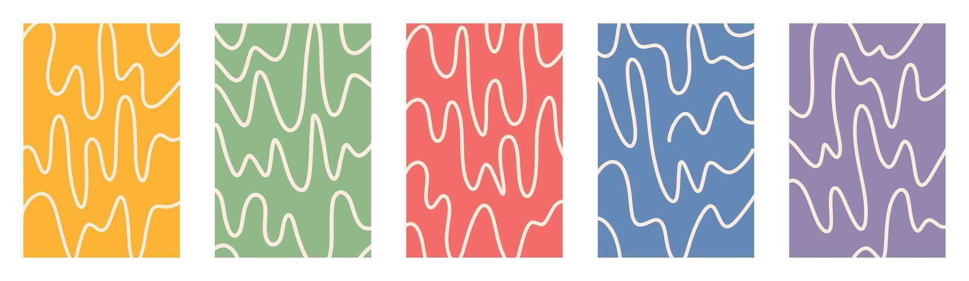 Retro groovy childish hand drawn abstract backgrounds with wavy lines. Organic distorted curved shapes with playful squiggles and pastel colors on transparent layout. Funky doodle style set vector