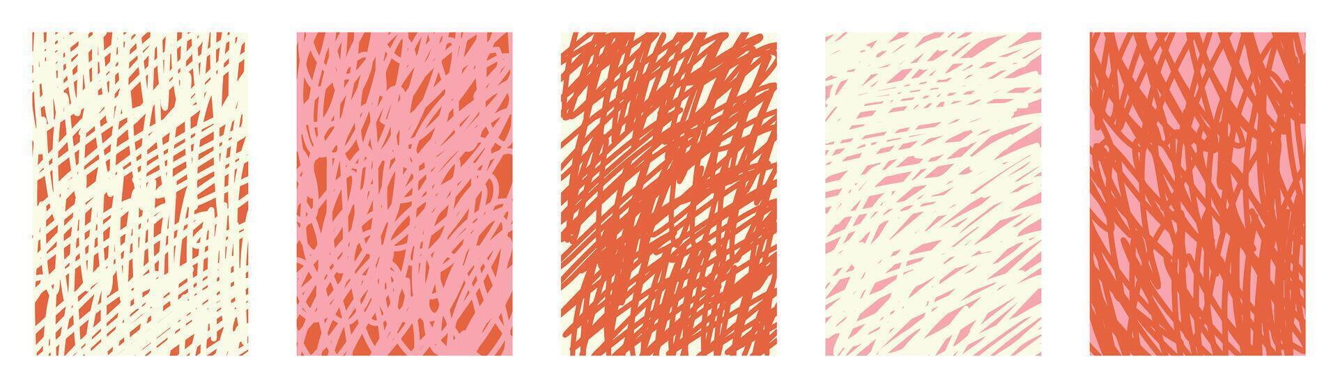 Childish crayon scribble patterns set. Red pink messy hand drawn wavy lines. Funky sketch backgrounds with groovy texture shapes. Abstract uneven doodle stripe scrawl for kids design art vector