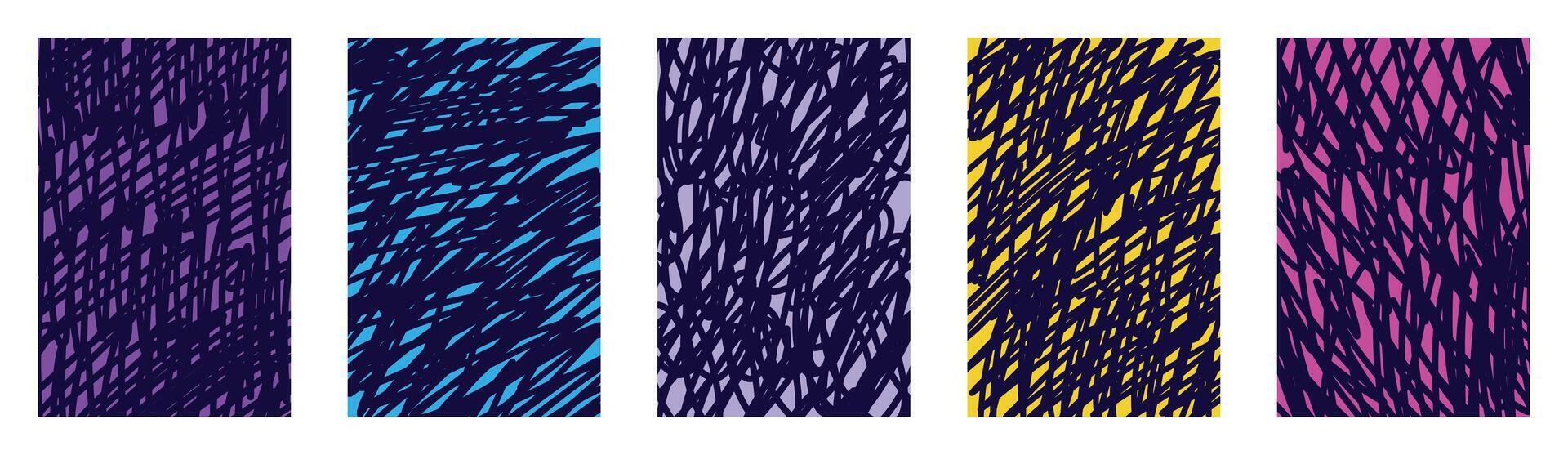 Dark funky children scribble pattern set with neon abstract lines, irregular maze shapes, vibrant color contrast, energetic hand drawn textures, wild marker strokes, transparent backgrounds vector