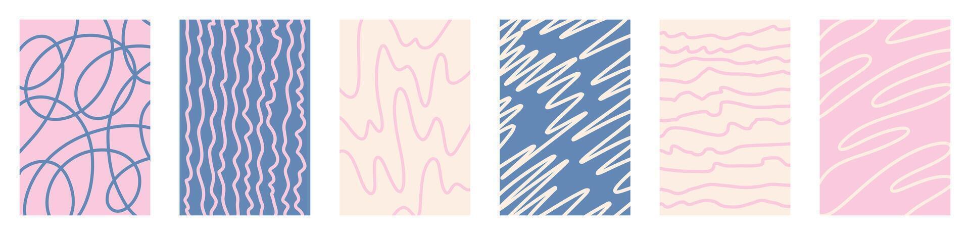 Pink blue abstract doodle backgrounds. Childish hand drawn funky squiggle lines, curved organic strokes. Wavy retro shapes collection. Pastel art maze design on transparent backgrounds. vector