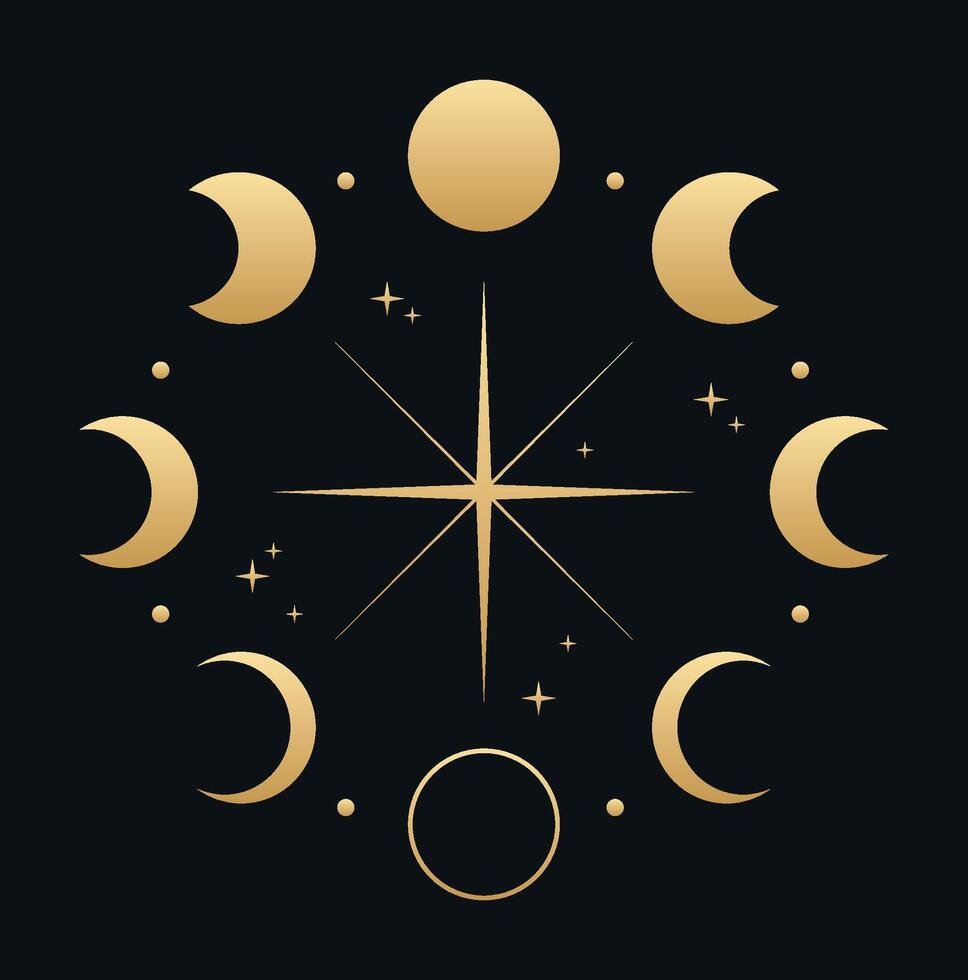 Golden moon phases starburst celestial design isolated on black background mystical lunar cycle spiritual astrology symbol moonlight feminine energy witchcraft esoteric elegant graphic art vector