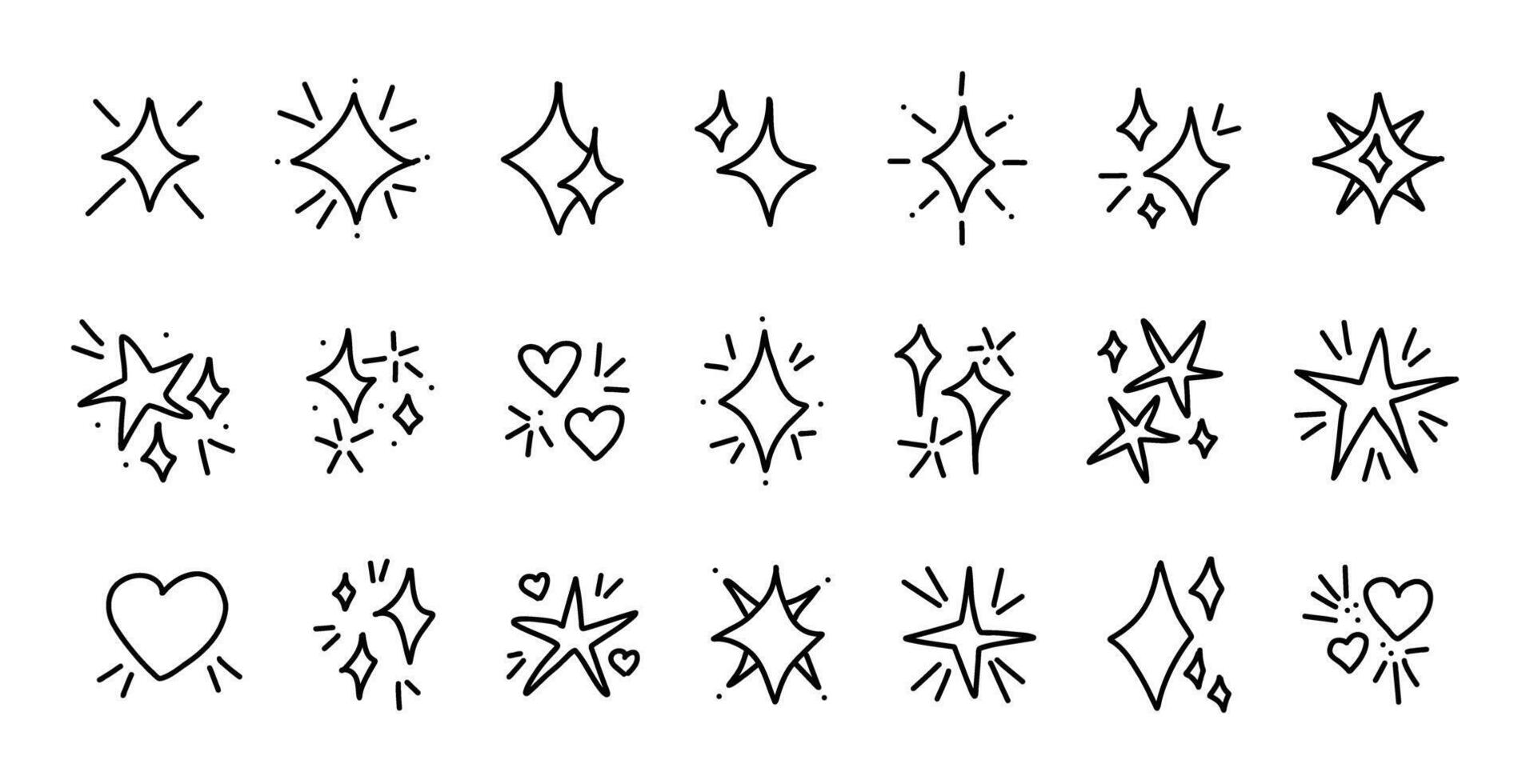 Black doodle sparkle icon set minimal hand drawn children sketch elements stars hearts shiny bursts outlines for sticker planner scrapbook decoration design pack fun whimsical cute kids illustration vector