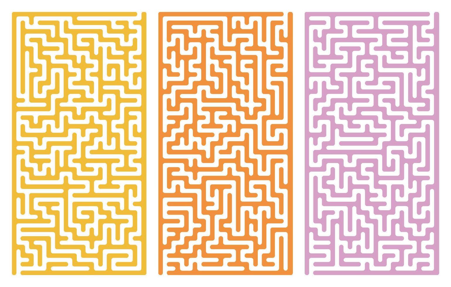 maze with rounded corners in yellow, orange, and pink vertical panels. Complex puzzle labyrinth design with twists, turns, paths, transparent background. Colorful abstract game background vector