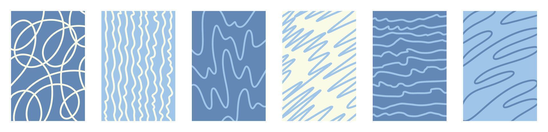 Colorful wavy line backgrounds set. Child doodle design. Funky scribble shapes, distorted curves, maze style, abstract hand drawn elements, squiggle scribbles, wriggly chaotic curves, retro art vector