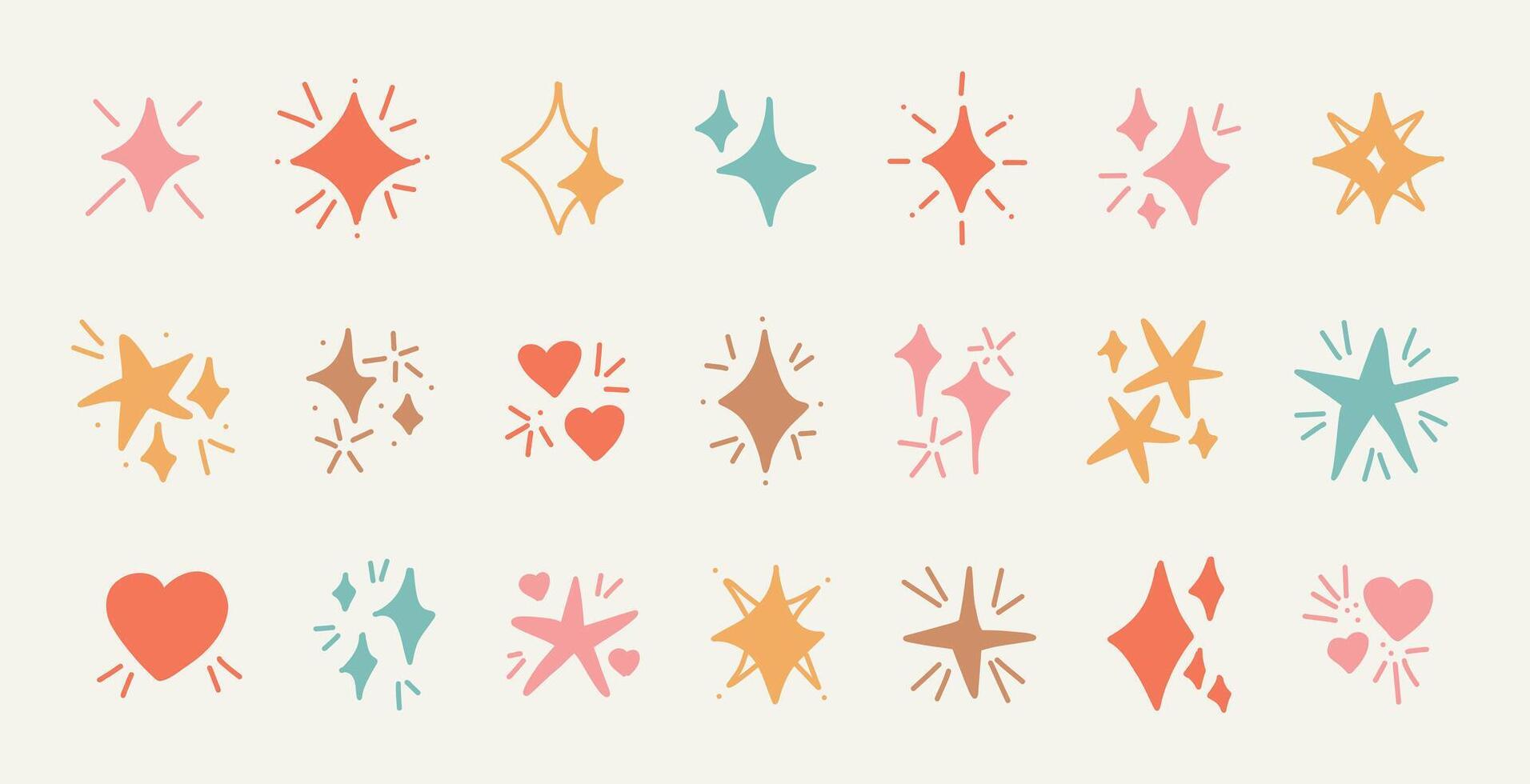 Soft pastel hand drawn stars hearts sparkles clipart doodle hand drawn illustration for children design baby decoration playful whimsical elements flat color isolated cute art vector