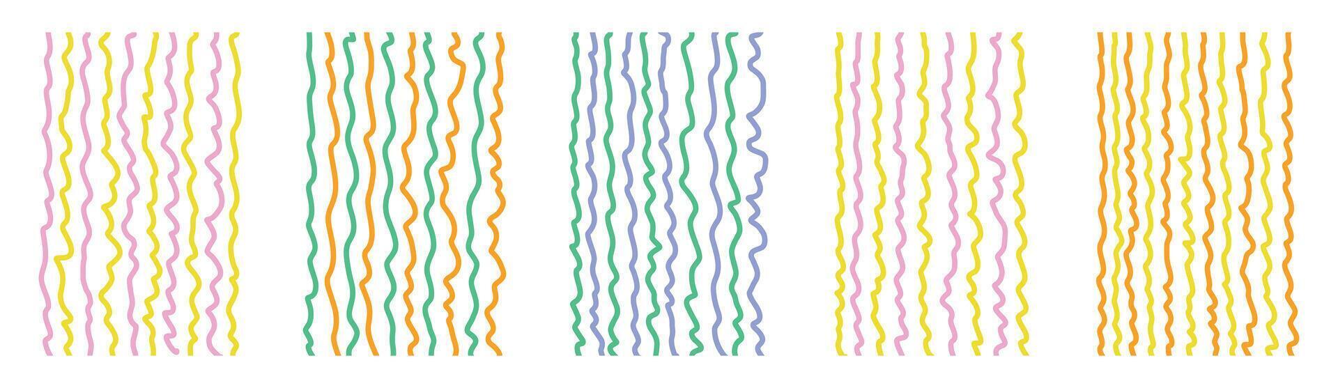 Vibrant vertical multicolored wavy lines on transparent backgrounds. Fun funky art for children. Retro maze style hand drawn 60s in playful groovy irregular design. Abstract liquid motion. vector